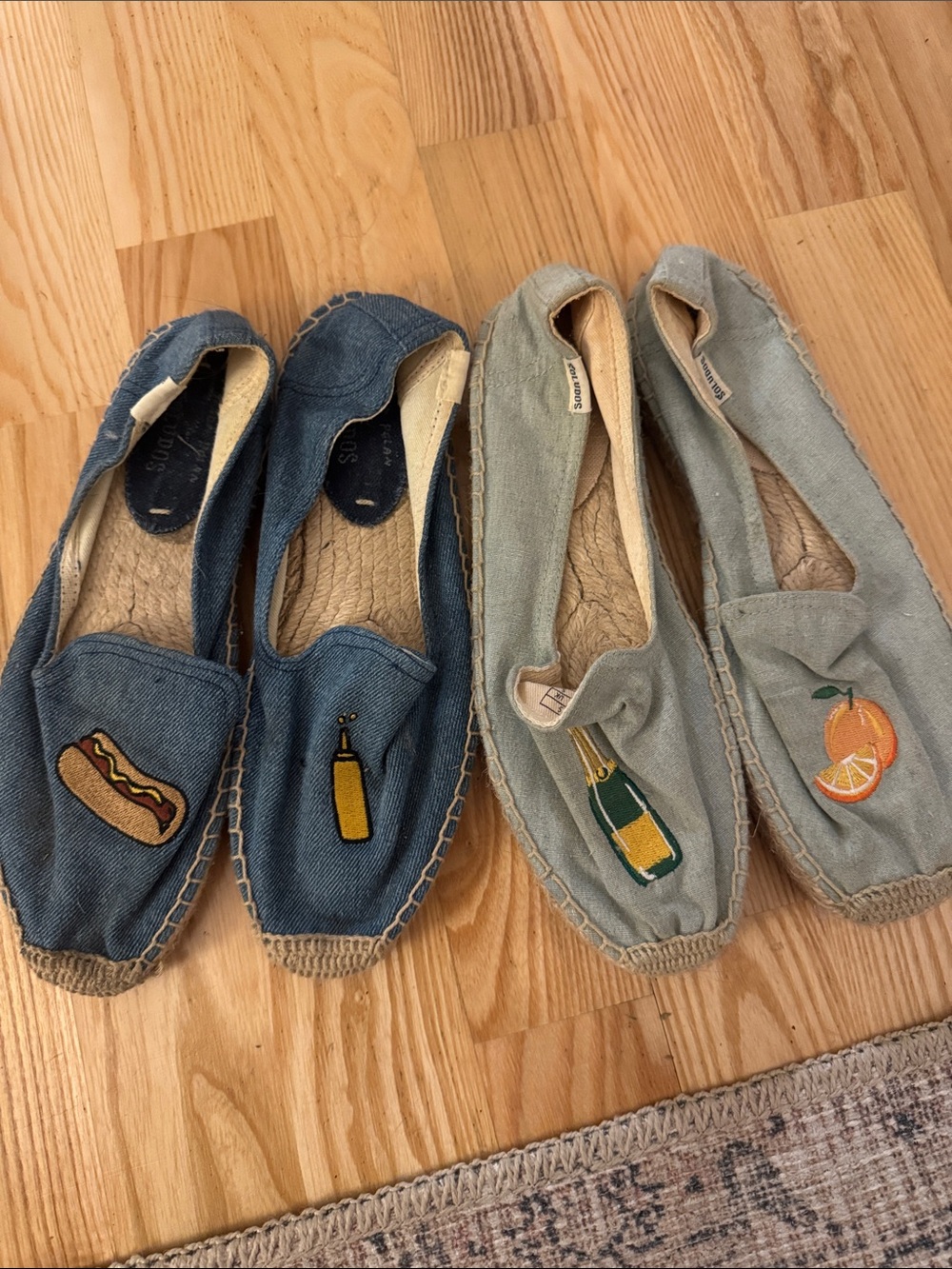 Soludos Espadrille Slip-On Shoes. Mimosa and hot dog theme